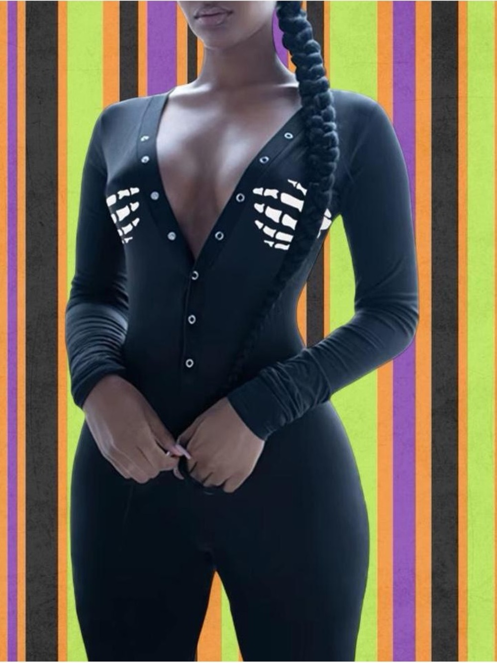Long-Sleeve Black Snap-Front Onesie with Skeleton Chest Detail